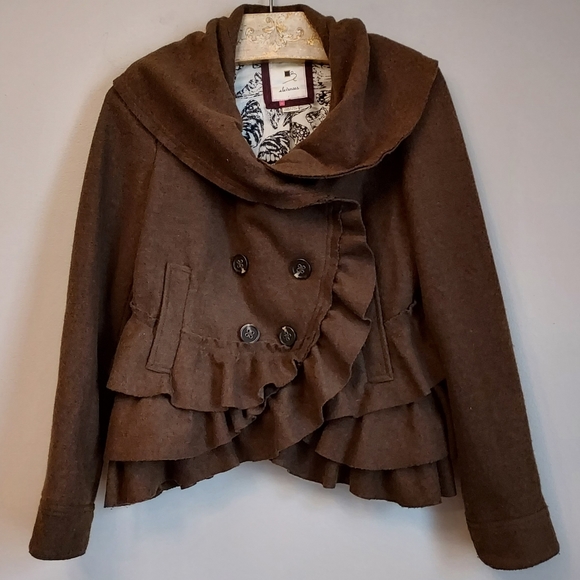 Anthropologie Elevenses Brown Echelon Ruffle Tier Peplum Jacket Size 6 - Picture 5 of 14